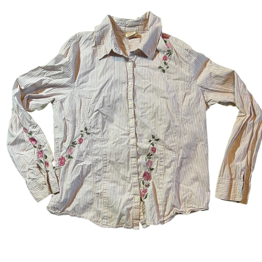 Faded Glory Originals Womens Pink Stripe‎ Embroidered Button Down Shirt Size L